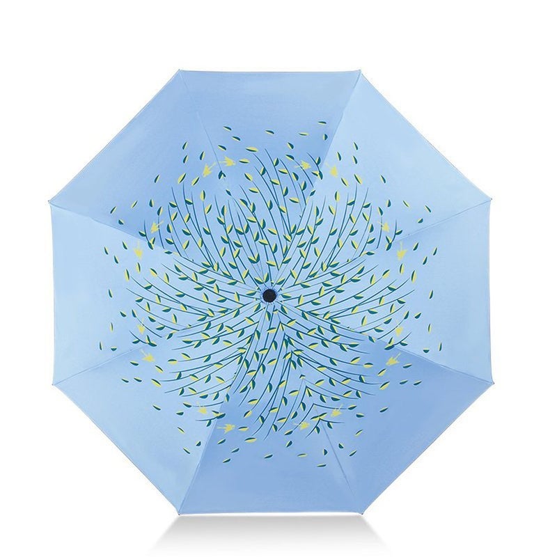 SudaTek Green Leaf Tree Folding Travel Sun Umbrella Sunblock UV Protection UPF 50+ Rain Resistant Compact Size Parasol Fold into Purse (Blue) - Image 2